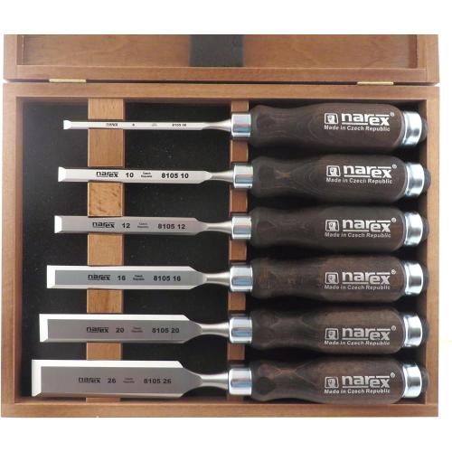 Narex 6 pc Set 6 mm (1/4), 10 (3/8), 12 (1/2), 16 (5/8), 20 (13/16), 26 (1-1/16) Woodworking Chisels in Wooden Presentation Box 853053