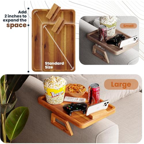 Tinamo 15.7 x 11 Large Couch Arm Table with 360 Rotating Phone Holder - Sofa Arm Clip Table for Living Room - Sofa Armrest Tray Wide Couches - Wooden Side Tables for Eating and Drink (Acacia Wood)