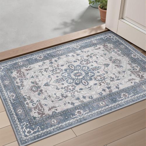 LUMI Retro Thin Door Mat, 18x30 Washable Indoor Doormat, Non Slip Absorbent Entrance Rug, Welcome Mats Entryway Rug Doormats for Front Door Kitchen Patio, Mist Blue