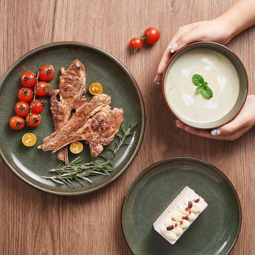 Stoneware Dinnerware Sets for 6, 18 Pieces Ceramic Plates and Bowls Sets, Chip and Scratch Resistant Dish Set, Dishwasher & Microwave Safe Plate Set, Brown Green