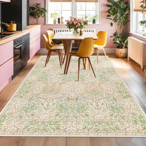 Light Green Bedroom Rug 5x7 Area Rug for Living Room, Vintage Washable Floral Floor Mat for Nursery, Dining Room Low Pile Non Slip Stain Resistance Distressed Retro Indoor (5x7 Beige Green)
