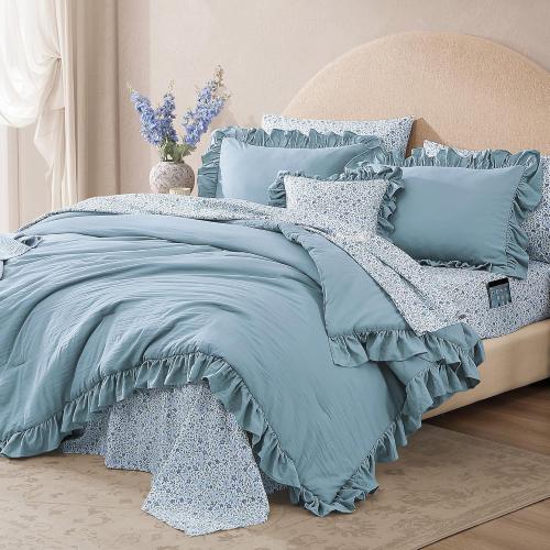 BLOOMHAVEN Oversized Queen Comforter Set - 7 Pieces Ruffle Blue Bedding Sets, Shabby Chic Farmhouse Bed in a Bag with Ruffle Comforter, Floral Sheets, Pillowcases & Shams