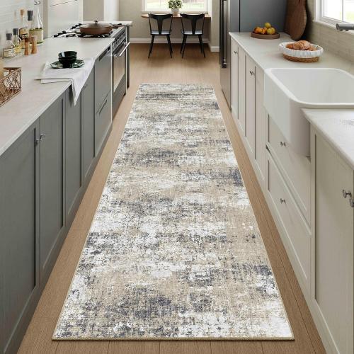 Washable Brown Runner Rug 2x6 Modern Abstract Hallway Carpet Neutral Soft Long Kitchen Runner Low Pile Non Slip Indoor Throw Rug for Entryway Bathroom Bedroom Laundry Living Room