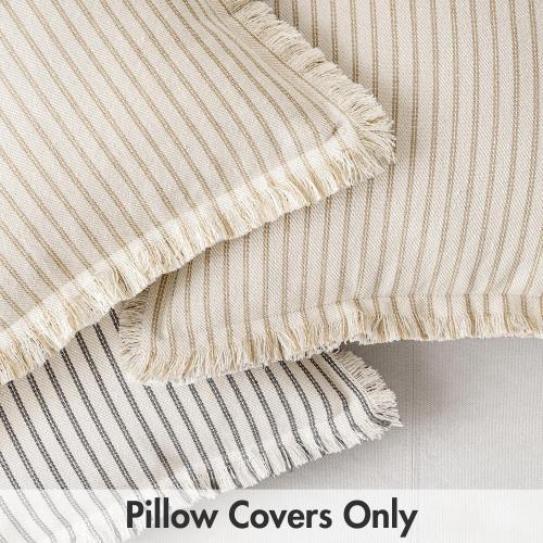 MIULEE Pack of 2 Khaki Pillow Covers 18x18 Inch Striped Farmhouse Couch Throw Pillow Covers with Fringe Chic Linen Decorative Cushion Covers for Sofa Living Room Bed Outdoor Home Decor