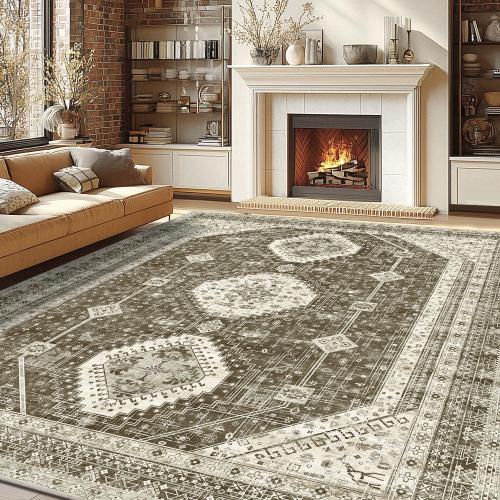 LOKHOM 8x10 Area Rugs for Living Room, Non-Slip Vintage Washable Rug Large, Luxurious Faux Wool Stain Resistant Indoor Carpet Floor Mat for Living Room Rugs Bedroom Dining Room Office,Vintage Brown
