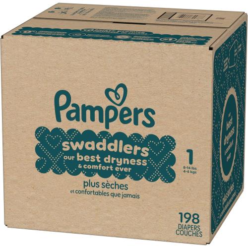 Pampers Swaddlers Diapers, Size 1 (8-14 lbs), 198 Count, Hypoallergenic, Absorbent, Keeps Baby Dry and Comfortable, Skin Safe Disposable Newborn Baby Diaper