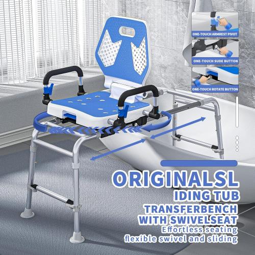Sliding Shower Chair Swivel Tub Transfer Bench with Backrest with Non Slip Suction Cups 400lbs Weight Capacity Adjustable Height Shower Seat for Elderly Disabled Bathing Inside Shower