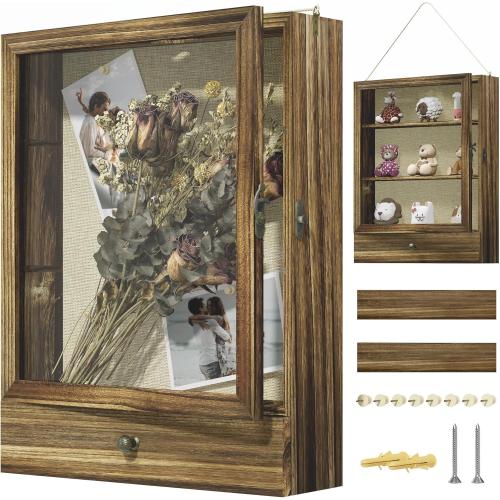 Picrit Large Brown Shadow Box Frame 16x20, 3.1 Deep Solid Wood Display Case with Removable Shelves & Drawers, Linen Back for Flowers, Pictures, Medals, Coins, Pins Collection, Memorial Gifts and More
