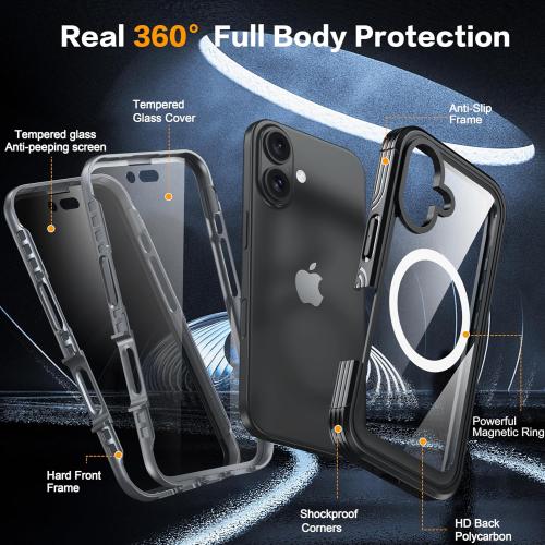 for iPhone 16 Case, Double Front Frame Built-in 9H Tempered Glass Screen Protector   Privacy Screen Protector, Compatible with MagSafe, Magnetic Phone Case for iPhone 16 Black