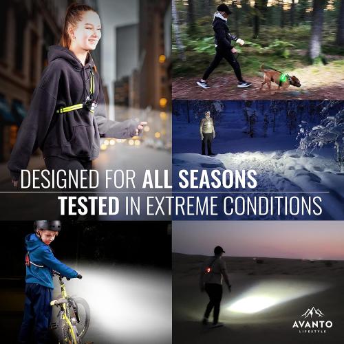 AVANTO Triple Beam Chest Lamp, Original, 500 Lumen LED Night Running Lights for Runners, Dog Walking Light, Long 5-7h Usetime, USB-C Rechargeable Battery, Running Headlamp, Reflective Vest