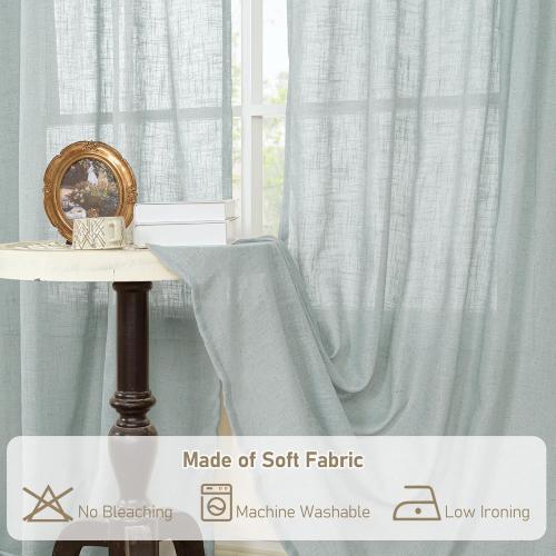 LAMIT Short Linen Window Curtains 30 Inches Long 3 Panels, Greyish Blue Semi Sheer Light Filtering Panels Back Tab and Rod Pocket Neutral Drapes for Basement/Small Windows, 34 x 30 Inch