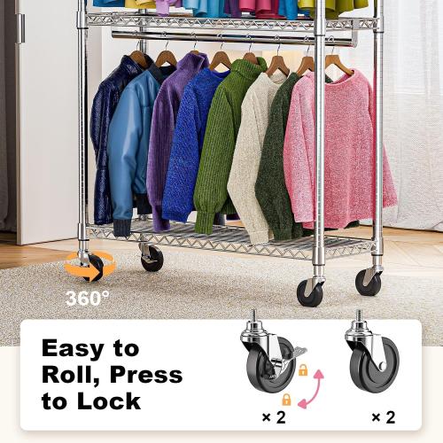 M MZG Heavy Duty Rolling Garment Rack 3 Tiers Adjustable Wire Shelving Clothes Rack with 2 Rods and Side Hooks,Storage Closet Clothing Rack with Wheels Chrome 15.7 D x 45.3 W x 79.6 H