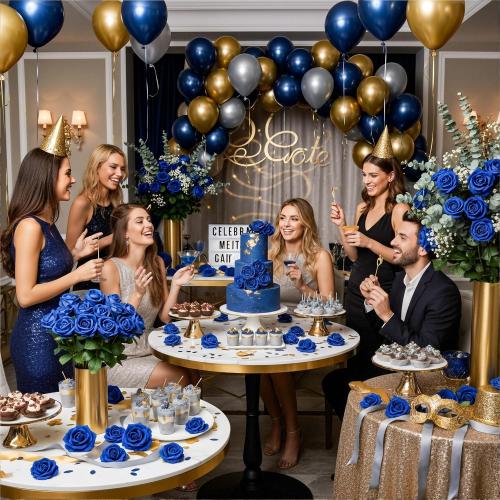 Auihiay 104PCS Blue Roses, Realistic Silk Velvet Blue Artificial Flowers | Lifelike Faux Roses for Bridal Bouquet, Home Decor, Valentine's Day, Wedding Centerpieces, Nautical Party