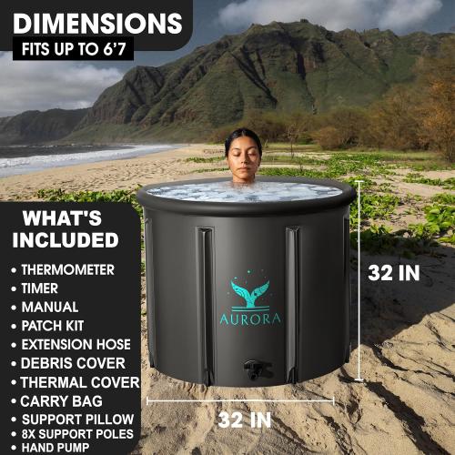 Aurora XL Ice Bath - Up to 6'7, Heavy Duty, Inflatable, Portable, Black, Cold Plunge Tub with Thermometer & Timer