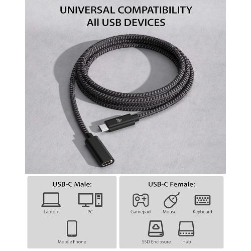 USB C Extension Cable (20Gbps/240W/4.3FT/1.3M), USB 3.2 Type C 3.1 Male to Female Extension Charging & Sync for iPhone 16 15 Pixel PSVR2 MacBook Air Pro/New iPad Dell XPS Surface Book-Black