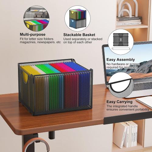 EasyPAG Hanging File Folders Organizer, Black Mesh Filing Crate, Stackable File Folder Storage Box, Desktop Document Holder for Letter Size Papers