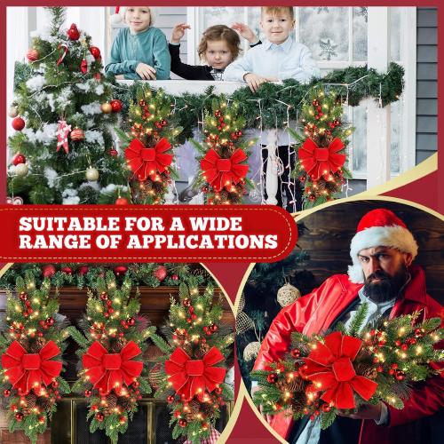 Lyrow 2 Pack Christmas Artificial Swags 24 Xmas The Cordless Prelit Stairway Swag Teardrop Trim Wreath Door Stair Garland Christmas Wreath for Outdoor Home Garden Decor (Red Ribbon)