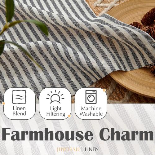 jinchan Linen Kitchen Curtains 24 Inch Length Striped Tier Curtains Ticking Stripe Small Drapes for Living Room Bathroom Cafe Small Window Farmhouse Rustic Pinstripe Rod Pocket 2 Panels Black
