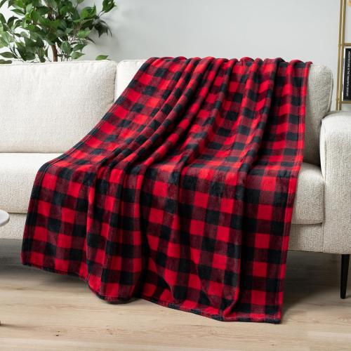 PAVILIA Black and Red Buffalo Plaid Fleece Throw Blanket for Couch, Soft Checkered Flannel Blanket for Sofa, Plaid Christmas Couch Throw Bed, Warm Cozy Decorative Blanket Fall Decor Gift, 90x90