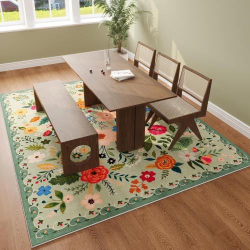 Size Large Color Green Living Room Rug  Rug Machine Washable Boho Area Rug Non Slip Floral Vintage Low Pile Large Rugs for Living Room, Bedroom, Farmhouse, Dining Room, Kids Playroom(Green)