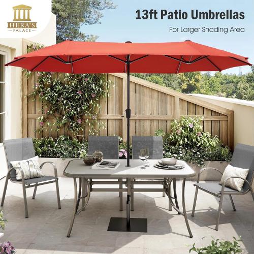 HERA'S PALACE 13 ft Large Patio Umbrella, Double-Sided Twin, Outdoor Market Umbrella with Crank Handle, Powerful UV Protective, Orange Red