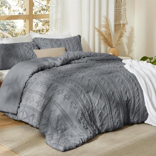 Bedsure Tufted Boho Comforter Grey Boho Bed  GentleSoft Farmhouse-Style Embroidery Bedding, Gifts for Woman, Soft Jacquard Comforter for All Seasons