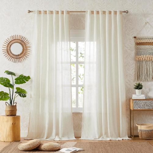 MYSKY HOME Natural Linen Boho Curtains for Living Room 84 Inches Long Light Filtering Semi Sheer Privacy Drapes for Bedroom, Farmhouse Rustic Hollowed-Out Home Decor Back Tab, 50 W×84 L, 2 Panels