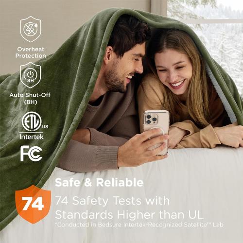 Bedsure Electric Blanket Queen Size - Dual Control Heated Blanket Queen, Fast Heating with 10 Time Settings & 10 Heat Settings, Warm Gift for Grandma (84x90 inches, Olive Green)