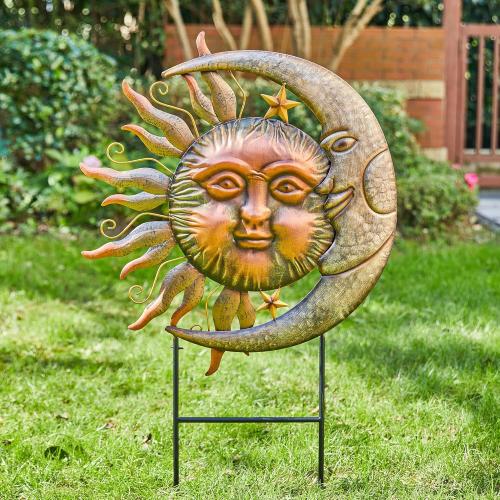 Glitzhome 36.25H Metal Sun and Moon Yard Stake, Bronze Rustic Sun and Moon Garden Stake or Antique Wall Decor