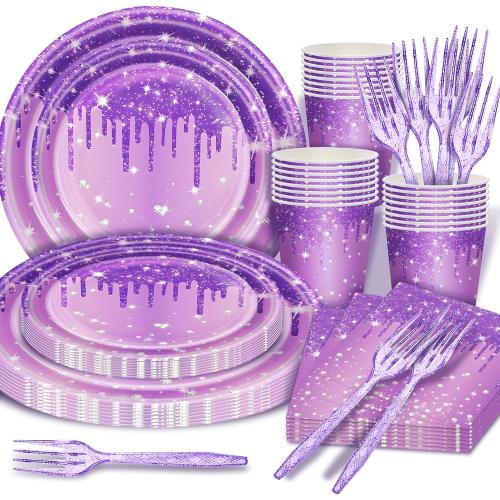 Party Spot! 199 Pcs Purple Birthday Party Decorations For Women，Happy Birthday Party Decorations For Girls, 100 Pcs Paper Plates,Napkins and Forks for 20 Guests,Bday Sash and Crown,20 Tableware Sets