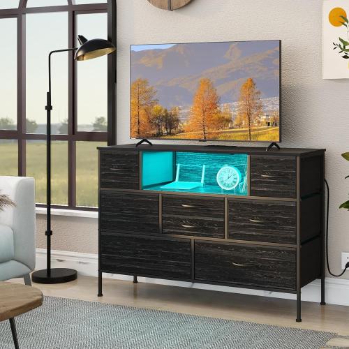 Charcoal black Wide Dresser with Charging Station and LED Light for Bedroom 8 Fabric Drawers Chest of Drawers with Power Outlet Storage Open Shelf for Living Room TV Stand Closet Hallway (Charcoal Black)