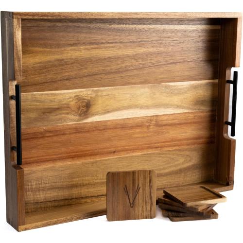 Acacia Wooden Ottoman Tray for Living Room & 6 Coasters Set – 21 Large Coffee Table Serving Tray with Handles, Perfect for Food, Drinks, Kitchen, and Home Decor
