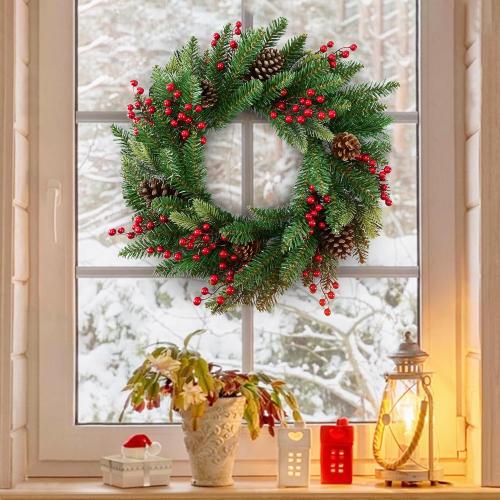 Large Outdoor Christmas Wreath, 24 Inch Christmas Wreaths for Front Door Outside, Farmhouse Indoor Winter Wreath Window, Home Decorations with Pine Cones, Red Berries, Evergreen Leaves