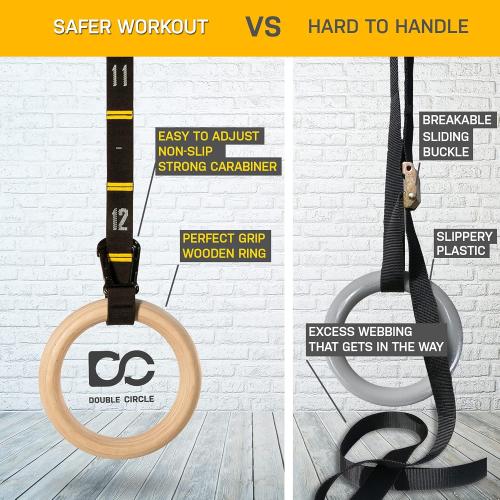 (Multi-Size) Double Circle Wood Gymnastics Rings with Quick Adjust Numbered Straps and Exercise Videos Guide - Full Body Workout Rings, Calisthenics, Home Gym (Multi-Size)