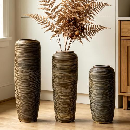 19.7 Inch Rustic Ceramic Large Floor Vase, Ribbed Textured Rustic Farmhouse Vase for Pampas Grass, Living Room & Entryway Décor, Handmade Ceramic Accent