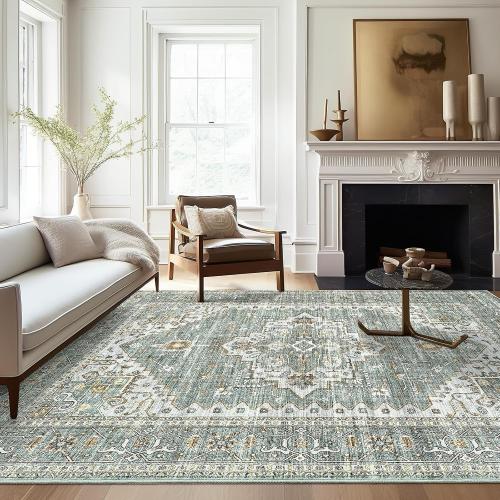 8x10 Area Rugs for Living Room, Stain Resistant Neutral Washable Rugs for Dining Room, Floral Vintage Non-Slip Thin Large Size Area Rug （Green）