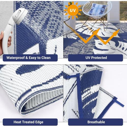 Patio Modern Leaf Print Outdoor Rug  Waterproof Large Reversible Camping Mat Foldable Lightweight Plastic Straw Outdoor Rug for Deck, Picnic, Porch, Balcony, Beach, Rv，Navy/White