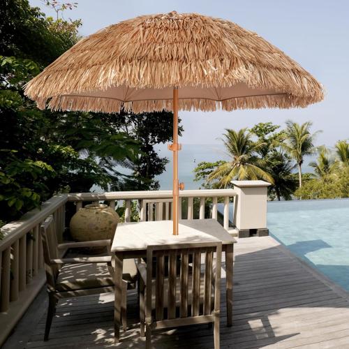 Brown Natural 6.5ft Hula Tahtched Tiki Patio Umbrella, Beach Umbrella Hawaiian Style with Hanging Hook and Tilt Design, 8 Ribs with Carry Bag for Outdoor Tiki Bar, Tropical Palapa, Garden, Pool, Natural