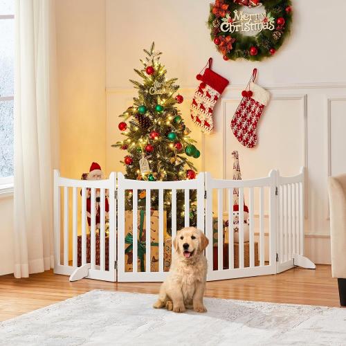 Yaheetech 24 H Freestanding Pet Gate for Dogs Wooden Dog Gates for Hallway, Doorway Collapsible Indoor Pet Fence with Support Feet Stair Barrier 4 Panels Fence White
