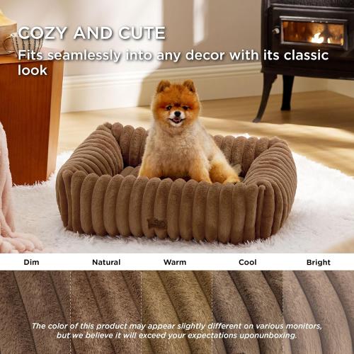 Bedsure ComfyFleece™ Cute Dog Bed for Small Medium Dogs - Washable Furry Puppy Beds, Rectangle Orthopedic Corduroy Fleece Pet Beds with Removable Zipper Cover, 25x21x7inches, Camel Brown