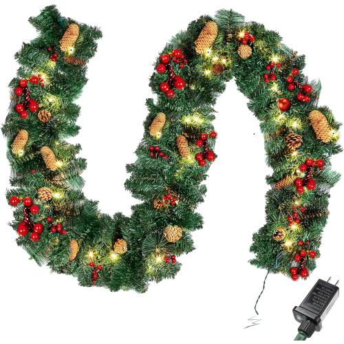 Joiedomi 9FT Christmas Garland Prelit with 50 Count String Lights, Bristle, Pine Cones, Holly Berries for Outdoor & Indoor Winter Christmas and Holidays Decorations, Plug in Lighted Pine Garland