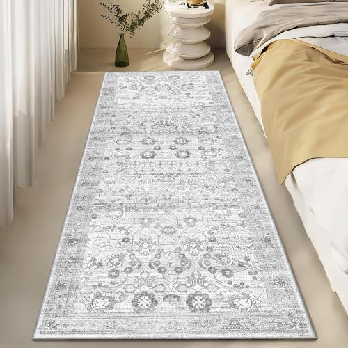 Washable Runner 2x6, Boho Entryway Rug for Hallway, Kitchen, Bedroom, Bathroom - Soft Grey, Non Slip, Long Floral Vintage Distressed Carpet for Living Room