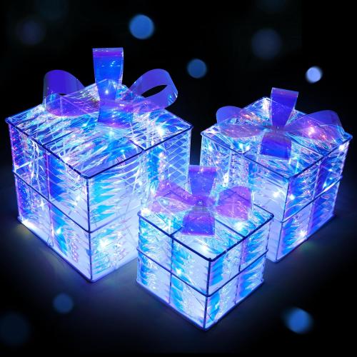 JOIEDOMI Christmas Lighted Gift Boxes, Light Up Christmas Decorations Set of 3 Iridescent Present Boxes, Xmas Boxe Light with LED Cool White for Indoor Porch Patio Holiday Xmas Eve Night Décor