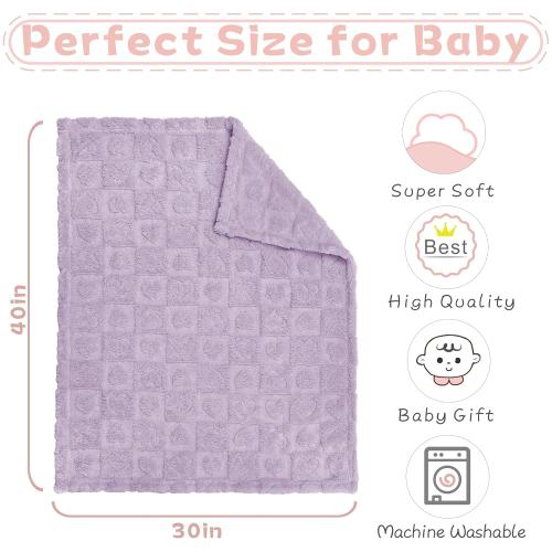 Yurhap Fleece Baby Blanket Heart Checkered Blanket, Ultra Soft Cozy Baby Blankets for Girls Boys, Fluffy Infant Toddler Newborn Receiving Blankets for Crib Stroller 30”×40” (Purple)
