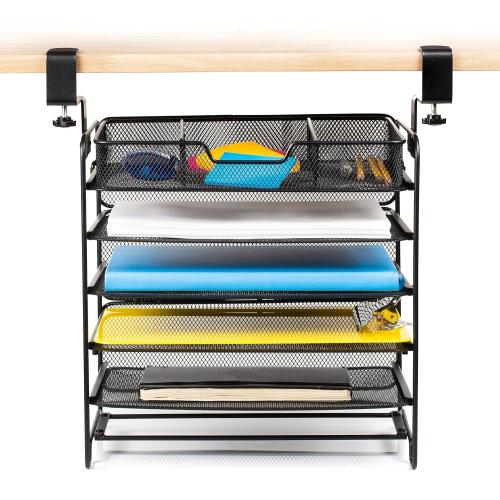 File Organizer 5 Tier Under The Desk File Holder, Clamp On Hanging File Organizer, SPACE SAVING DESIGN File Holder for Office Desk