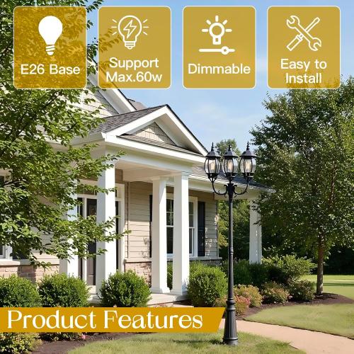 94 Inch 3-Light Post Lantern For Patio Lawn Pathway Triple-Head Post Light For Front Yard Outdoor Street Light 94” Exterior Pole Lights,Aluminium Alloy,Clear Glass Shade,E26(Bulbs Not Included)