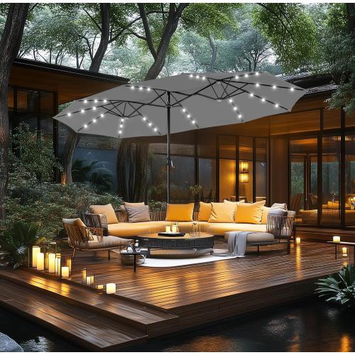 MFSTUDIO 15ft Double Sided Patio Umbrella with Solar Lights, Outdoor Large Umbrellas with Crank Handle and 36 LED Lights, Rectangular Market Umbrella with Base Included for Deck Pool Shade, Smoky Gray