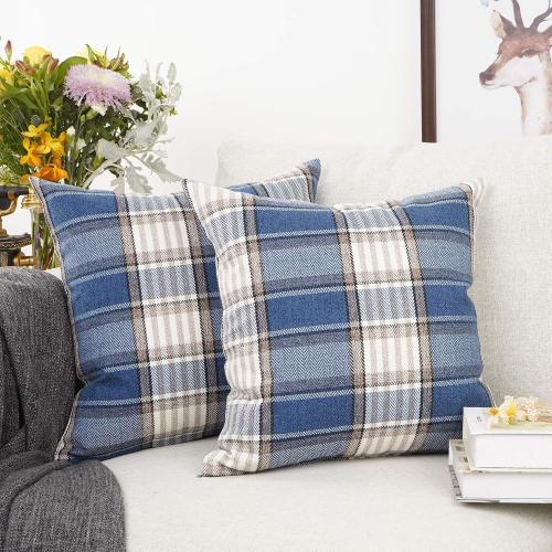 YOUR SMILE Retro Farmhouse Outdoor Buffalo Tartan Chequer Plaid Cotton Linen Decorative Throw Pillow Case Cushion Cover Pillowcase for Sofa,Set of 2,Blue/Stripe