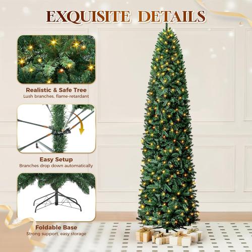 HOLLO STAR 9 ft Prelit Christmas Tree with 546 LED Lights, App Control, Artificial Pencil Christmas Tree with Multi-Color RGBW Lights, 1290 Branch Tips, Skinny Xmas Tree, Metal Base, for Home, Party