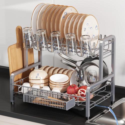 2 Tier Dish Drainers Drying Rack for Kitchen Counter Large Stainless Steel Dishes Drain with Drainboard, Space Saving, Big Modern Silver Countertop Metal Plates Dryer Strainer Holder and Extra Tray